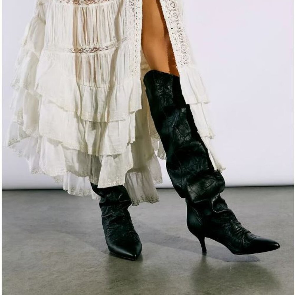 Free People Sloane Leather Slouch Kitten Heel Boots, Black, Size 8